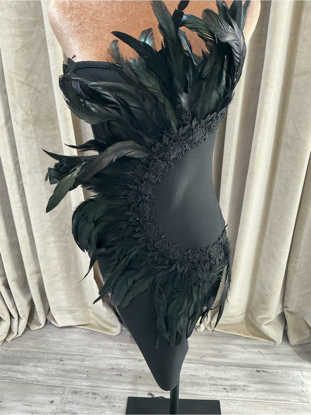 Black Feather-Trim Strapless Dress - Picture 3 of 9